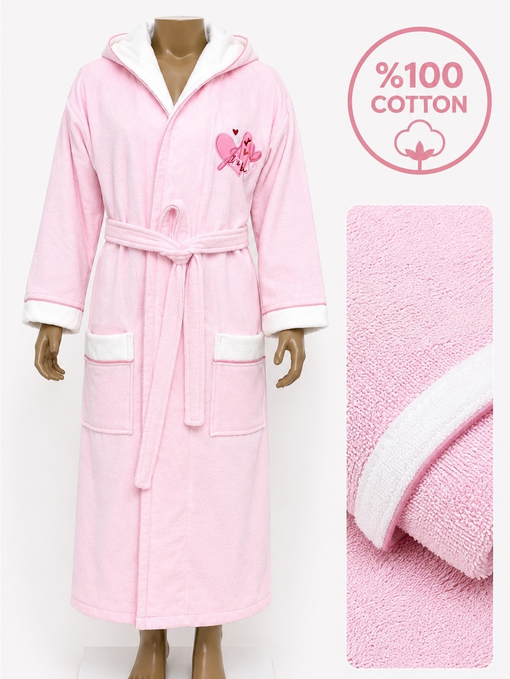 Kids Pink Bathrobe 100% Cotton Hooded Soft Lined Robe Cozy 7-9Y - Picture 2 of 6